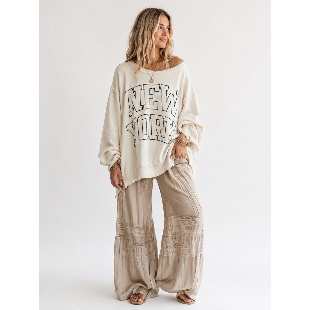 Free People Sweatshirt Medium New York Graphic Oversized Raw Seam Cream